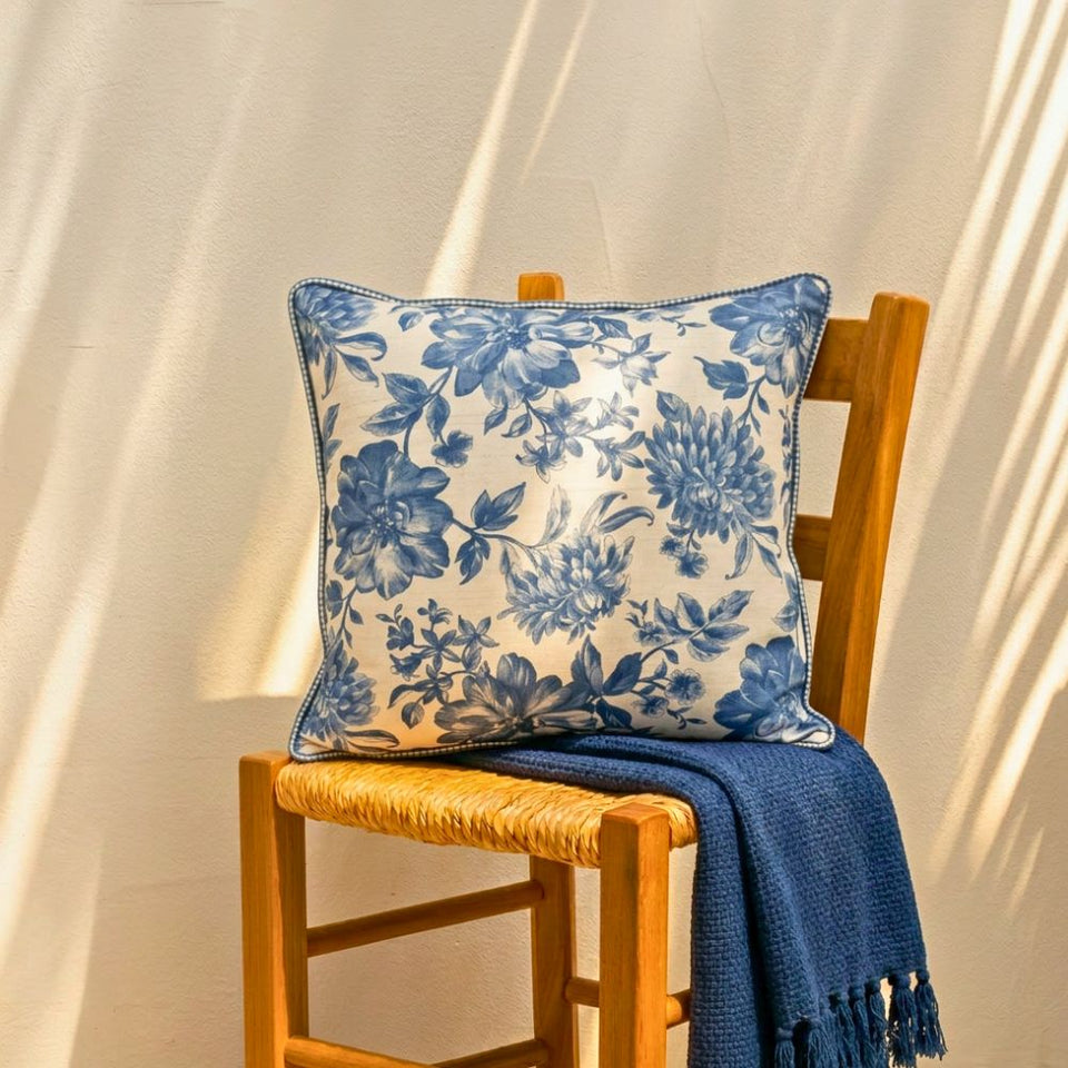 Almofada Linho 52X52 Estampa Floral Azul Com Cordão