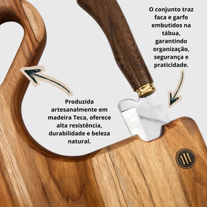 Tabua Churrasco Faca Garfo Embutida Teca Artesanal Carve & Co