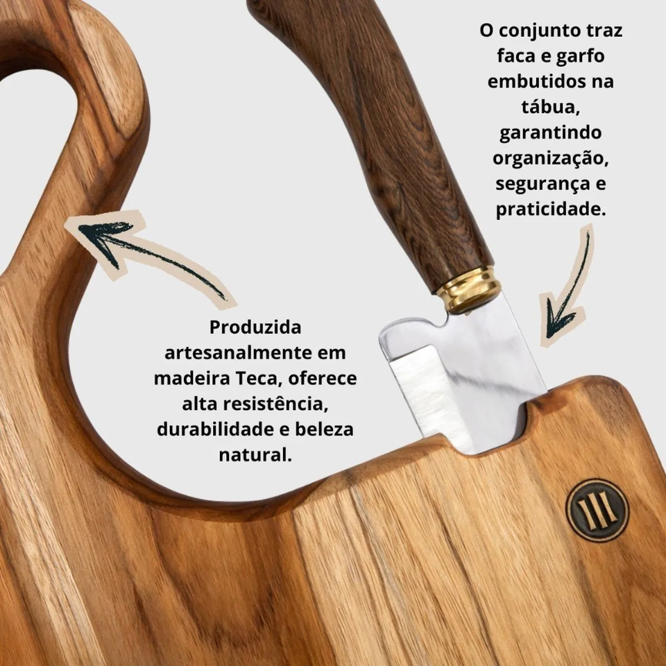 Tabua Churrasco Faca Garfo Embutida Teca Artesanal Carve & Co