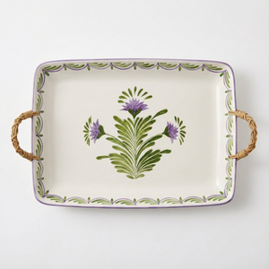 Travessa Moderna Retangular Cerâmica com Alça em Junco Flor de Alcachofra