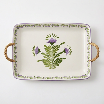 Travessa Moderna Retangular Cerâmica com Alça em Junco Flor de Alcachofra