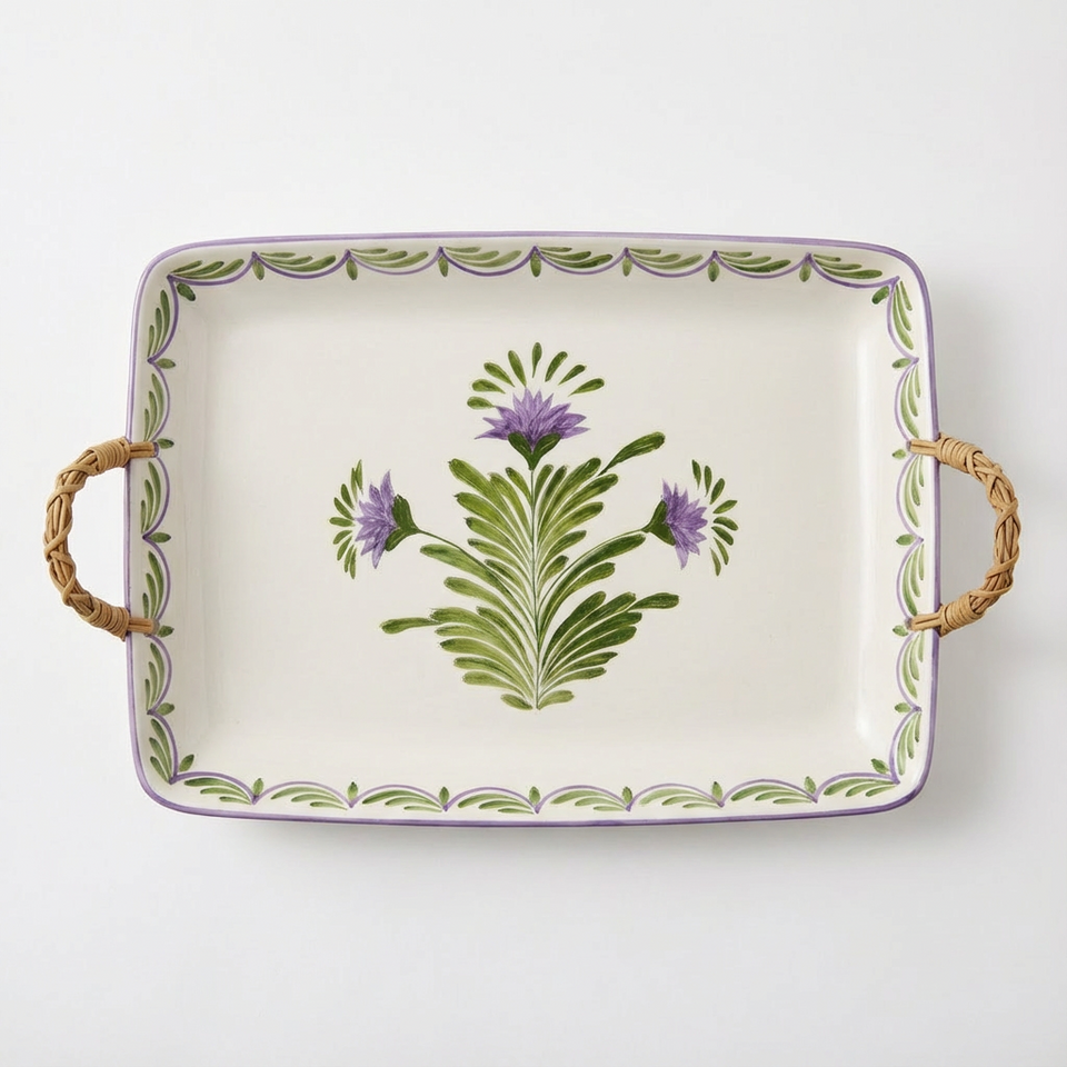 Travessa Moderna Retangular Cerâmica com Alça em Junco Flor de Alcachofra