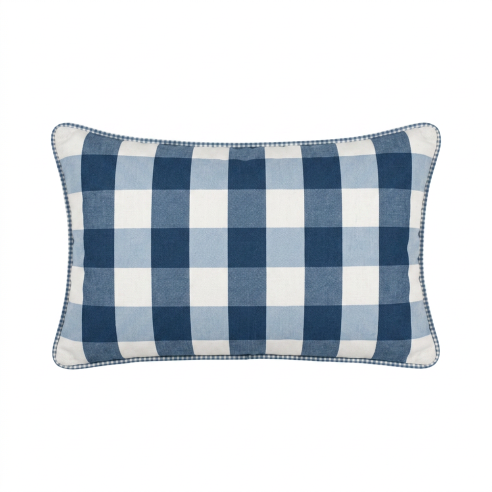Almofada Linho 35X58 Estampa Dupla Face Azul Xadrez Grande Cordão
