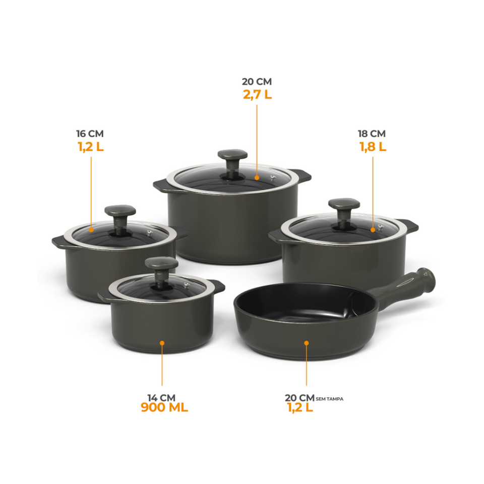 PRÉ-VENDA: Jogo de Panelas Cerâmica Slim 5 Peças Onyx Gray