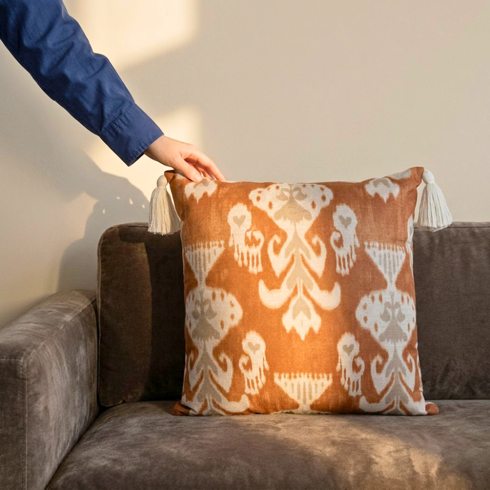 Almofada Linho 52X52 Ikat Terracota Tassel