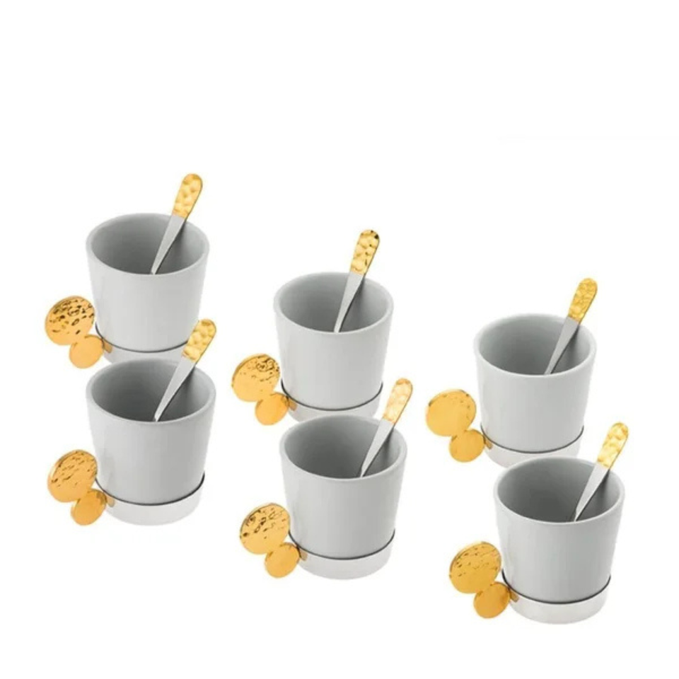 Jogo 6 Xícaras de Café 85ml com Suporte Riviera Nocc Inox com Detalhes em Ouro 24k com Colheres Riva