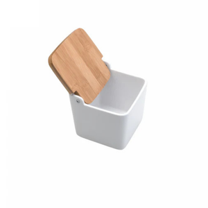 Saleiro de Mesa Cerâmica com Tampa Madeira e Colher Bianco 12cm