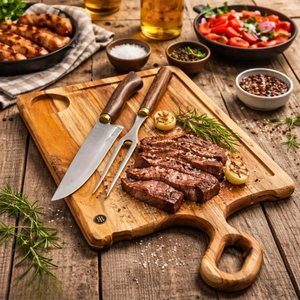 Tabua Churrasco Faca Garfo Embutida Teca Artesanal Carve & Co