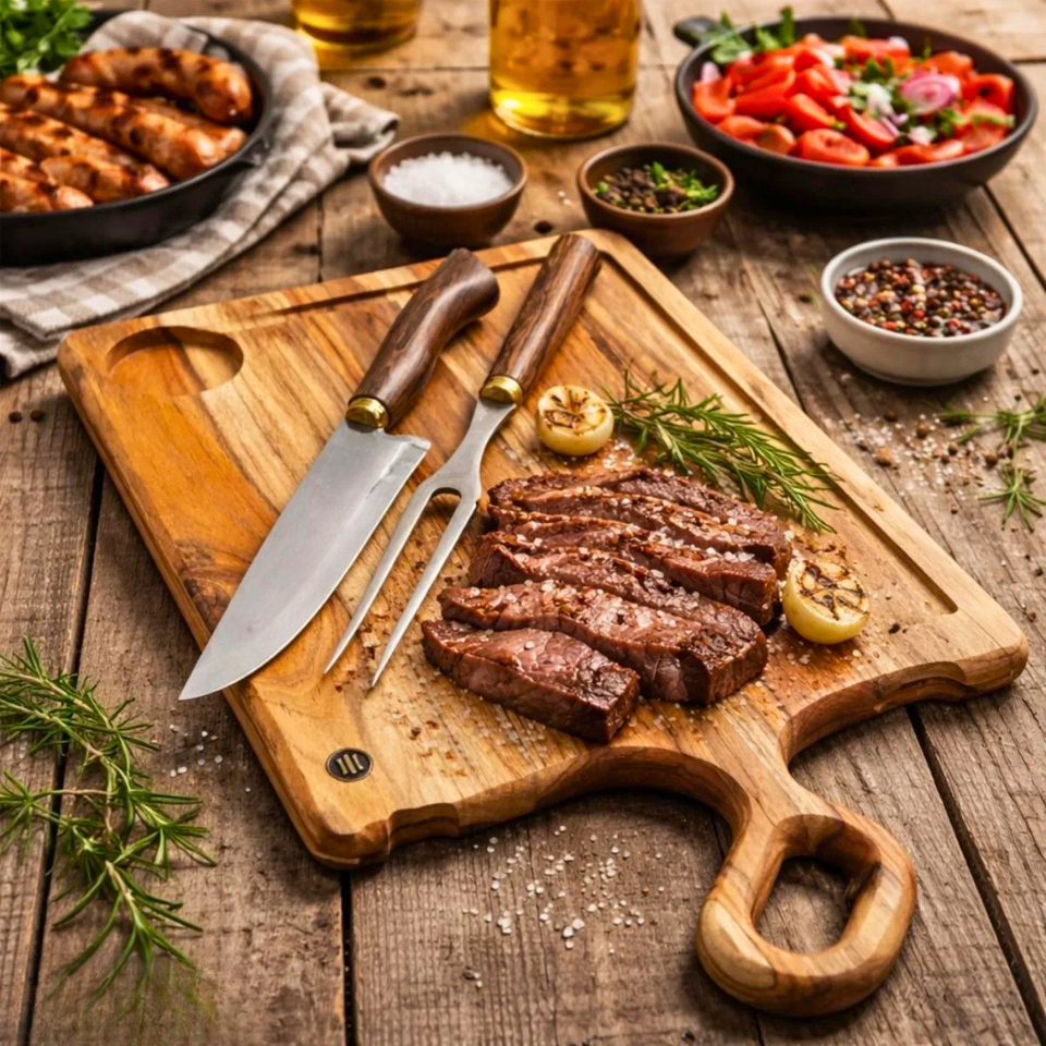 Tabua Churrasco Faca Garfo Embutida Teca Artesanal Carve & Co