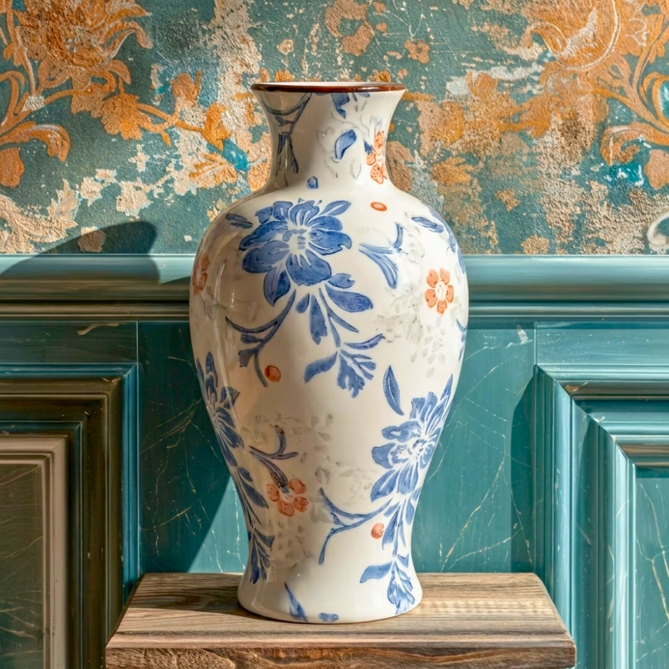 Vaso Vintage Botânico Cerâmica 23cm