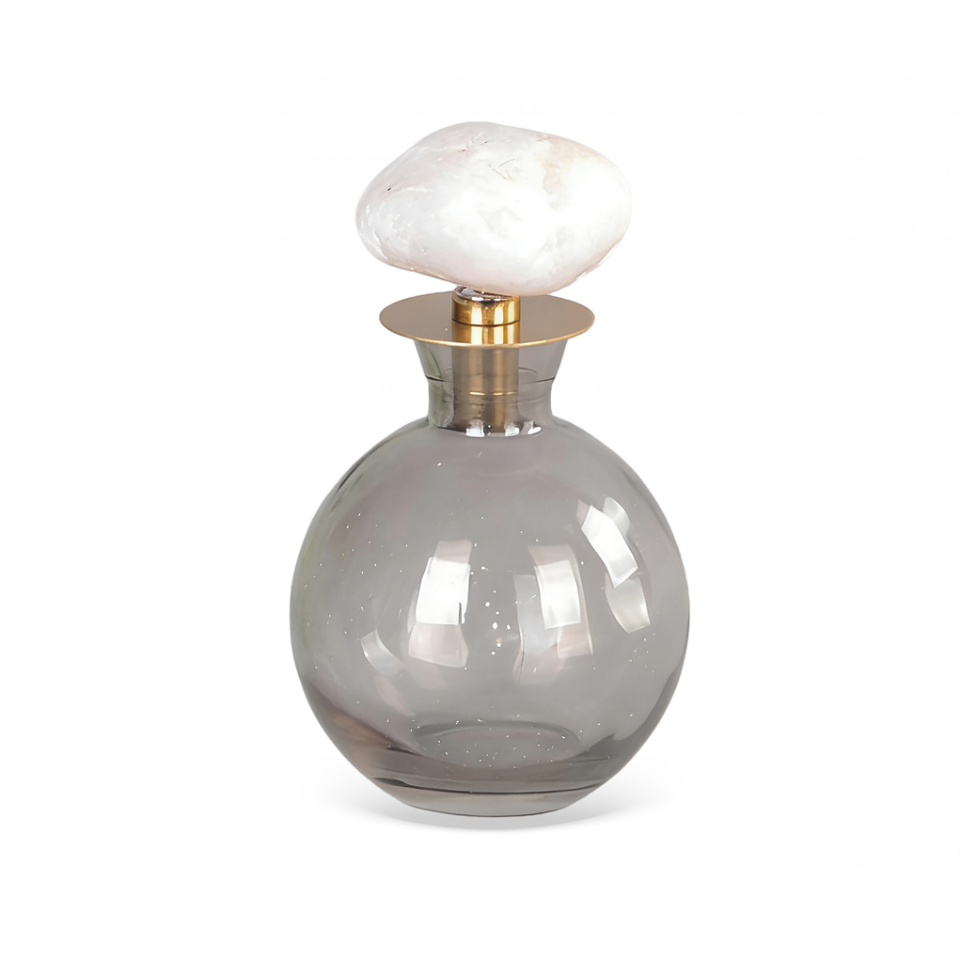Garrafa Decorativa Vidro Fumê Tampa em Pedra Natural Branca Linha Bruma 13cm