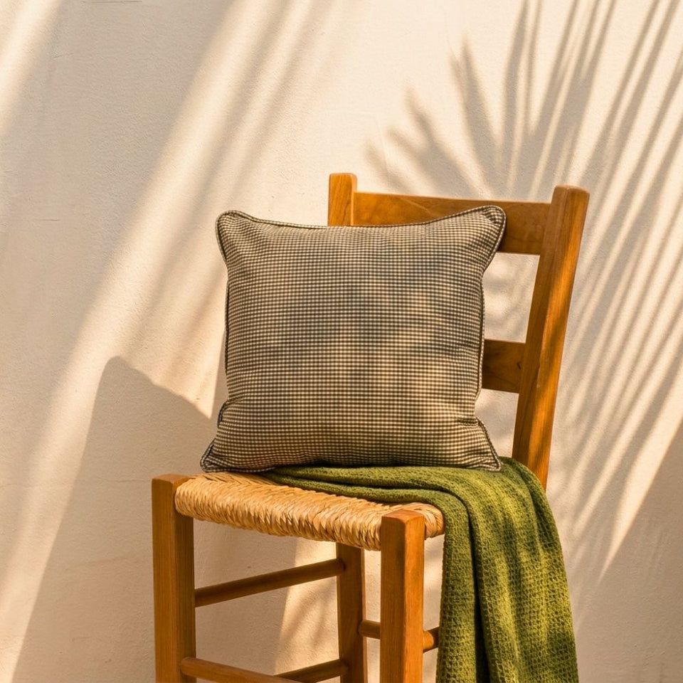 Almofada Linho 52X52 Estampa Mini Xadrez Verde Com Cordão