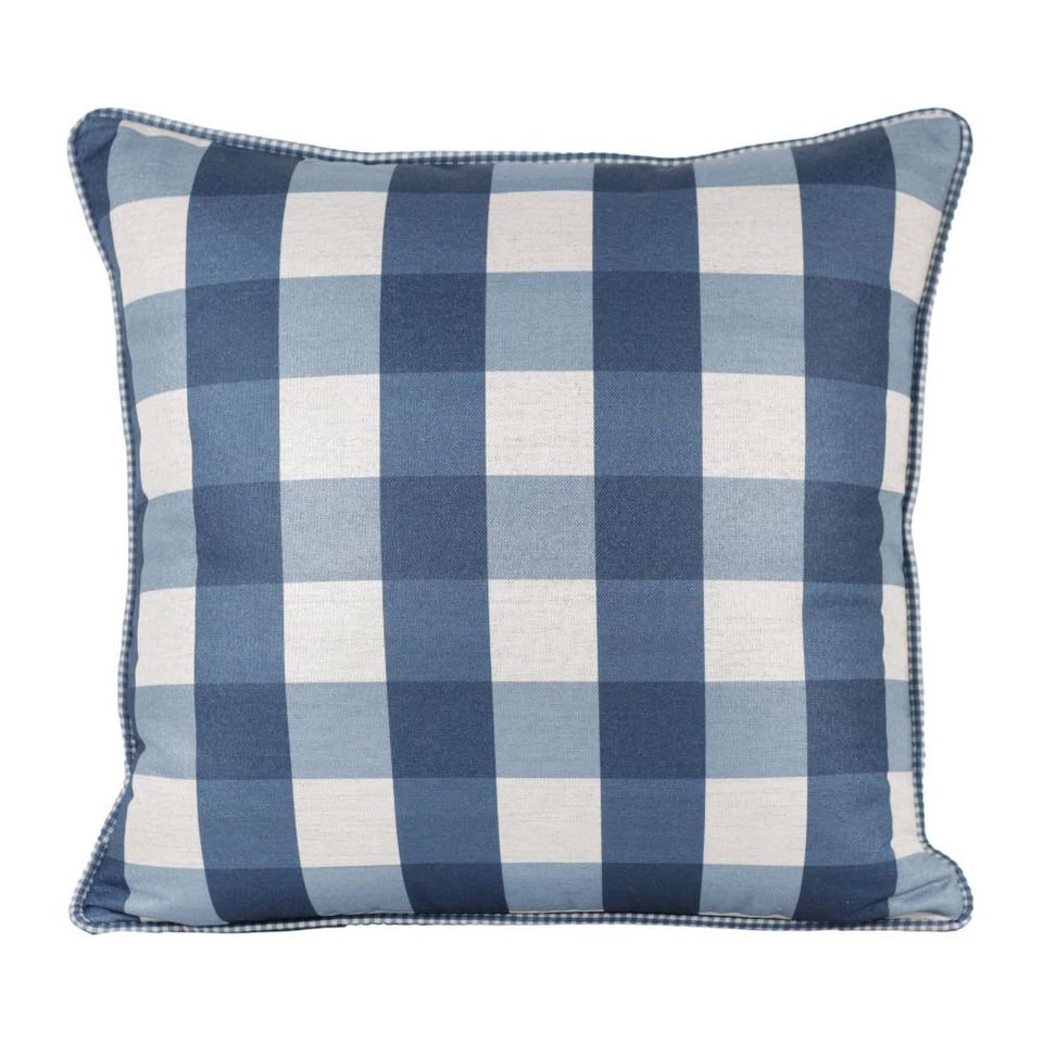 Almofada Linho 52X52 Estampa Xadrez Grande Azul Com Cordão