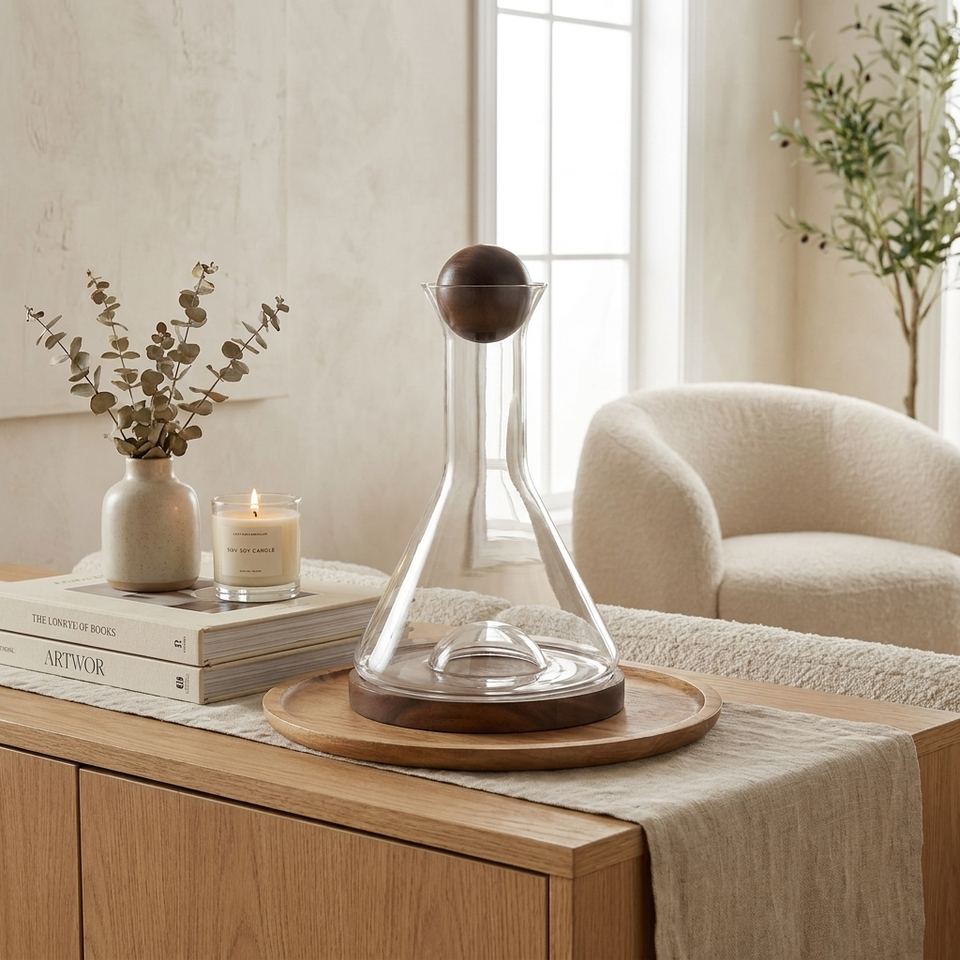 Garrafa Decorativa Vidro com Base e Tampa Madeira Natural 1,8L Linha Encontro