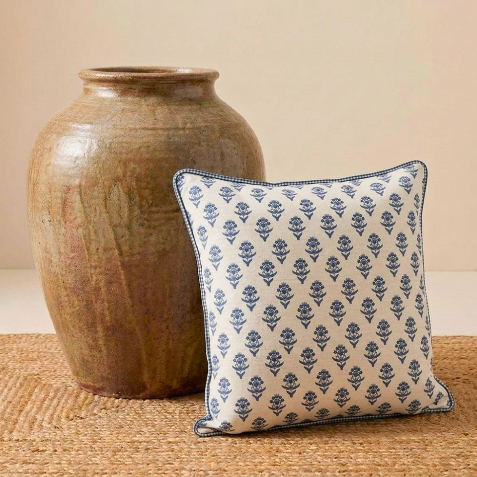Almofada Linho 52X52 Estampa Botânico Azul Com Cordão