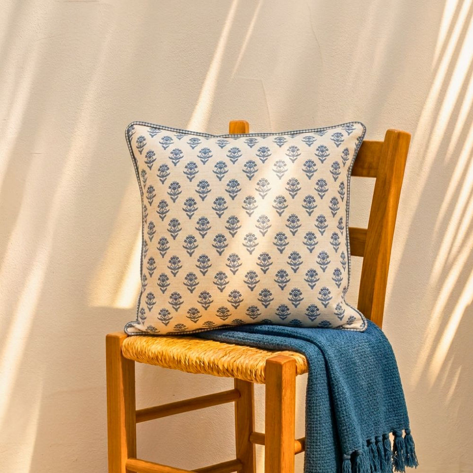 Almofada Linho 52X52 Estampa Botânico Azul Com Cordão