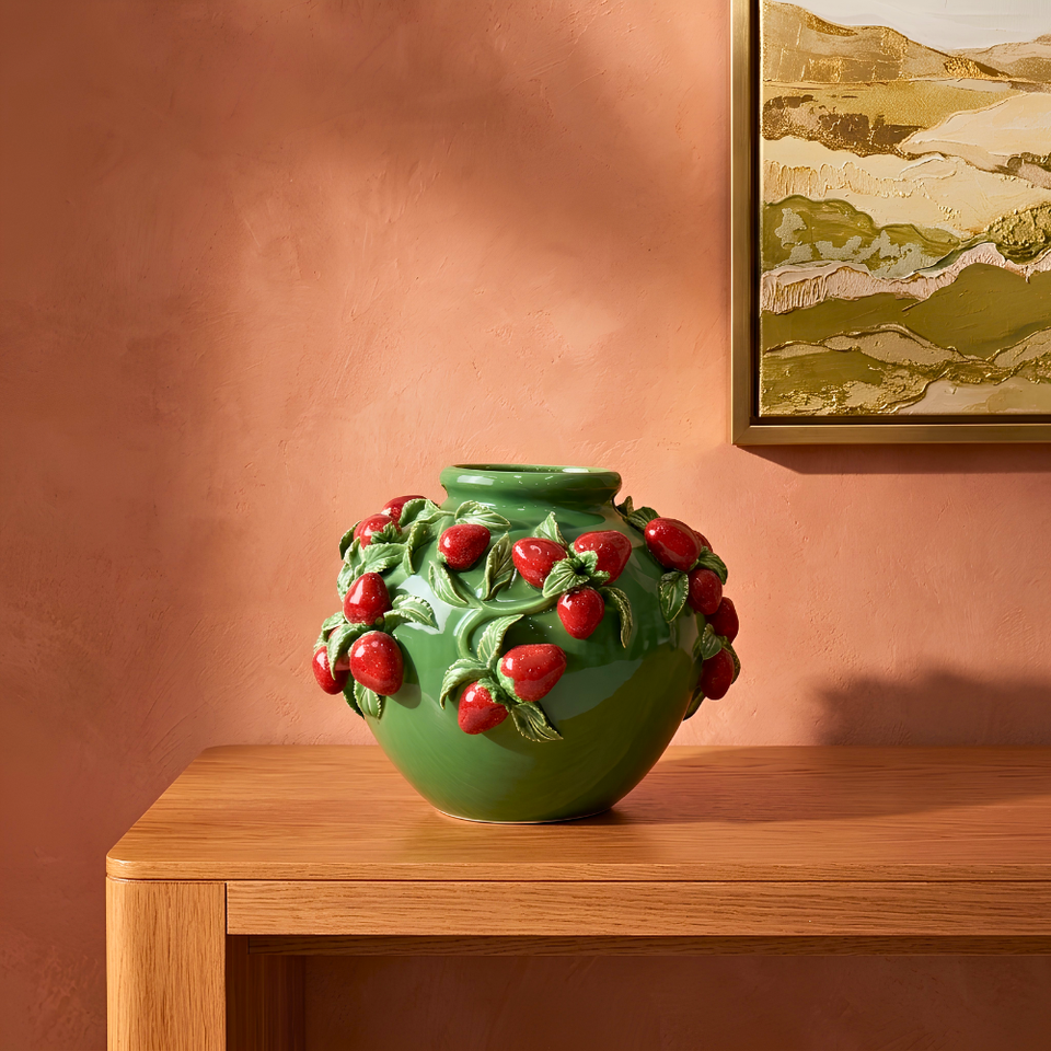 Vaso Cerâmica Verde com Morangos 36X31.5X26.5cm