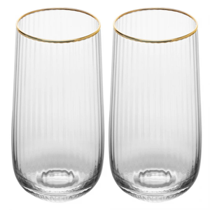 Jogo 2 Copos Altos Vidro Cristalino Borda Dourada Lines 450ml