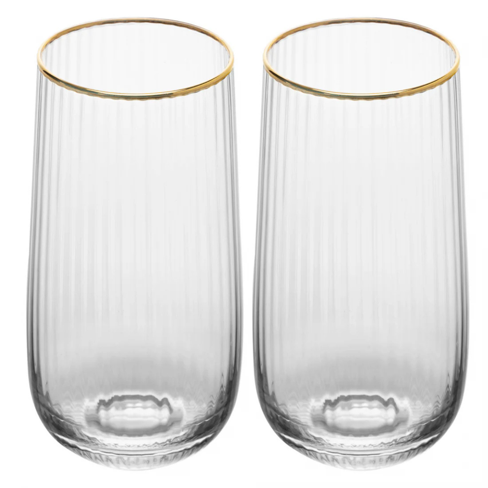 Jogo 2 Copos Altos Vidro Cristalino Borda Dourada Lines 450ml