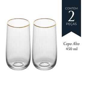 Jogo 2 Copos Altos Vidro Cristalino Borda Dourada Lines 450ml