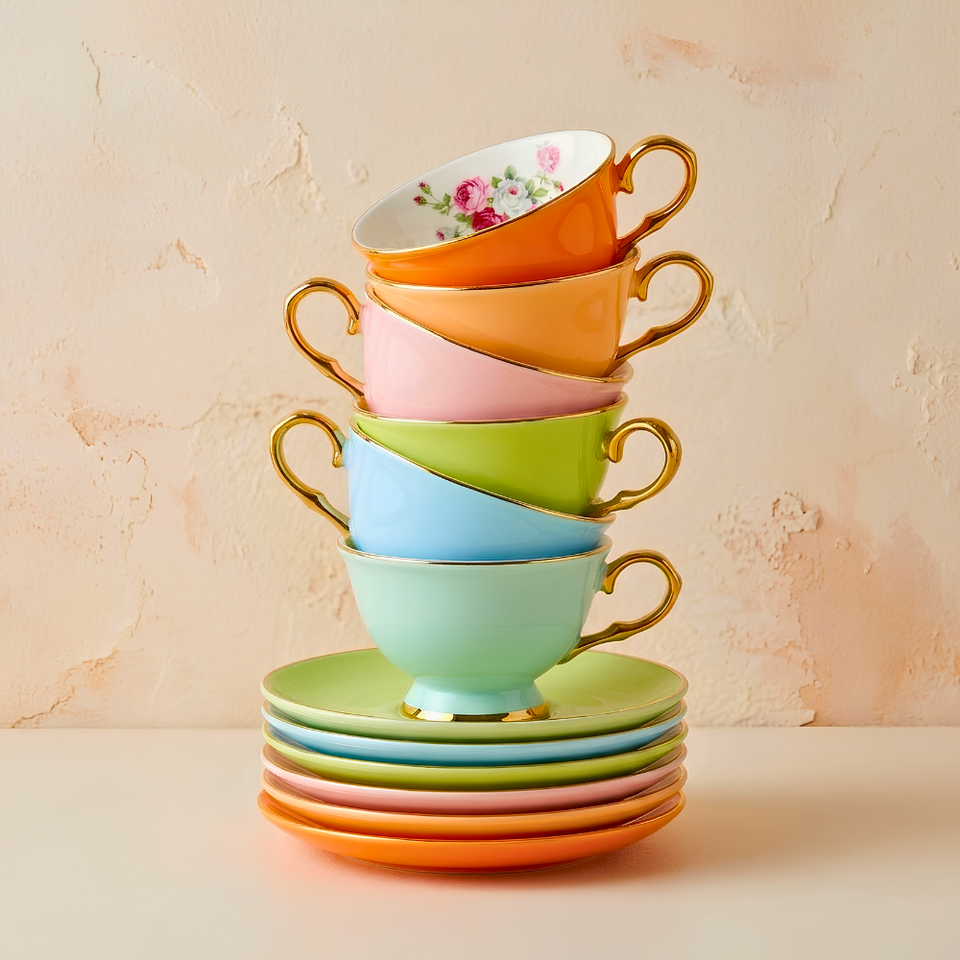 Jogo de 6 Xícaras de Café Chromesse Colorido New Bone China Filado Dourado 90ml