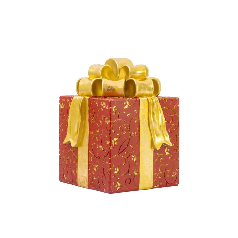 Adorno Caixa Presente Resina Vermelho/ Dourado Natal 14,5x14,5x19,5cm