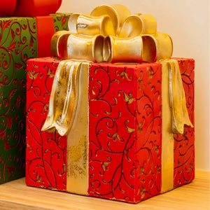 Adorno Caixa Presente Resina Vermelho/ Dourado Natal 14,5x14,5x19,5cm