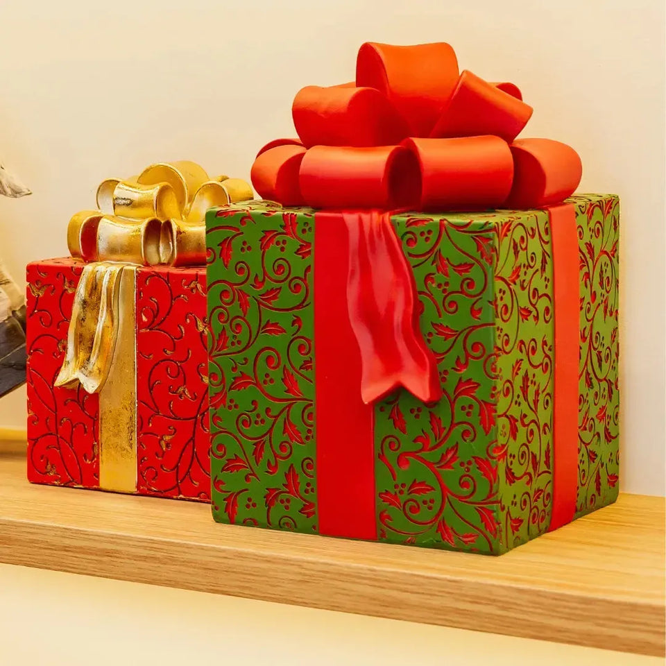 Adorno Caixa Presente Resina Vermelho/ Verde Natal 19,5x19,5x26cm