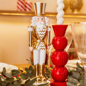 Adorno Decorativo Natal Resina Castiçal 1 Vela Soldado Quebra Nozes Dourado / Branco