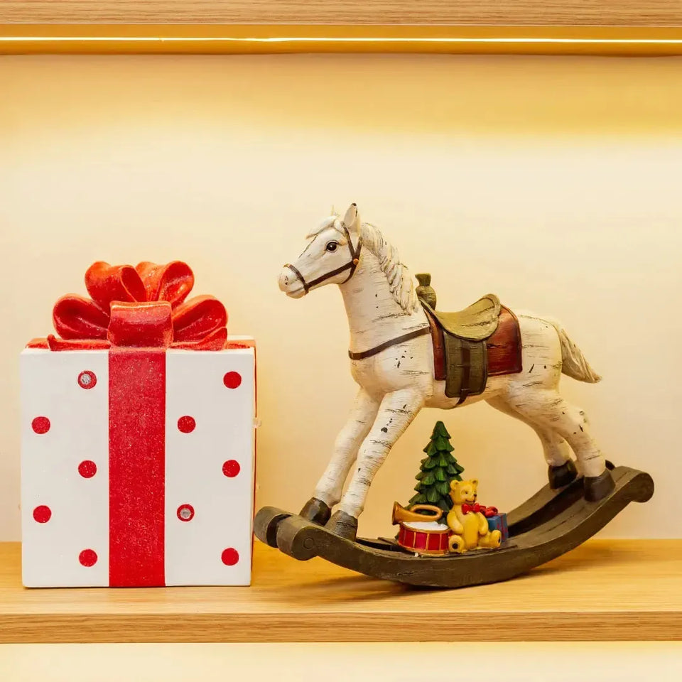 Adorno Decorativo Natal Resina Cavalo de Balanço Branco 33,5x8x27cm