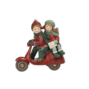 Adorno Decorativo Natal Resina Crianças Lambreta Verde / Vermelho