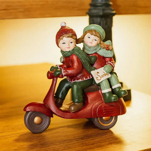 Adorno Decorativo Natal Resina Crianças Lambreta Verde / Vermelho