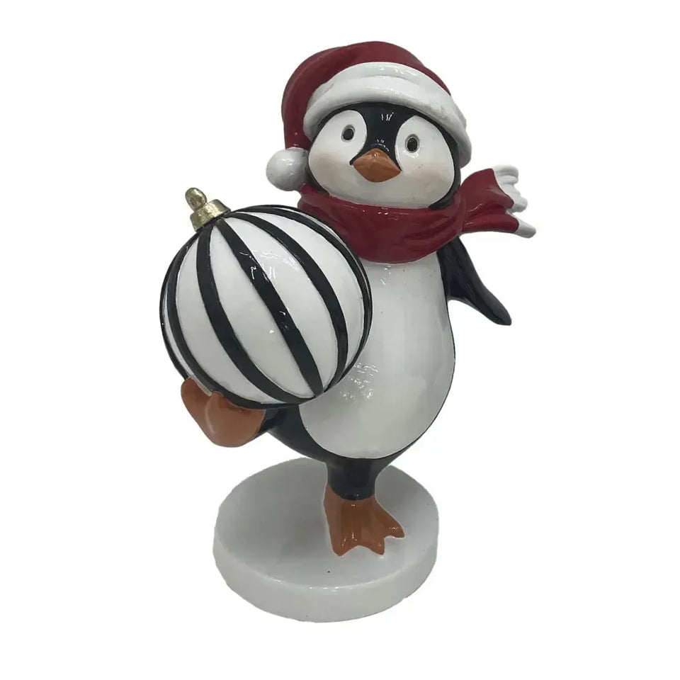 Adorno Decorativo Natal Resina Pinguim Preto / Branco com Bola Preta