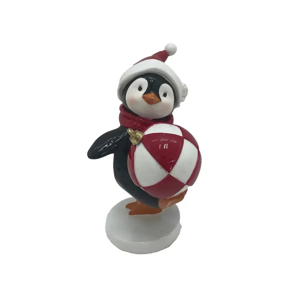 Adorno Decorativo Natal Resina Pinguim Preto / Branco com Bola Vermelha