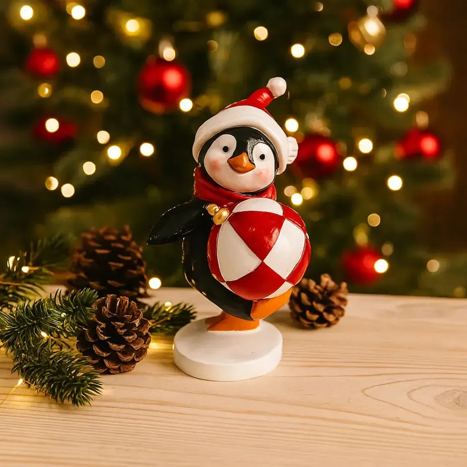 Adorno Decorativo Natal Resina Pinguim Preto / Branco com Bola Vermelha
