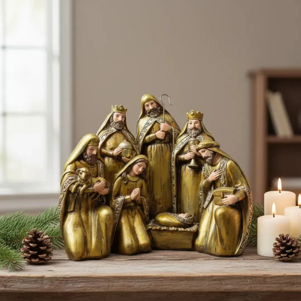 Adorno Decorativo Natal Resina Presépio Dourado