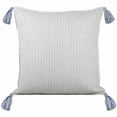 Almofada Bouclé Azul 60x60 Listra Fina e Pingente de Tecido
