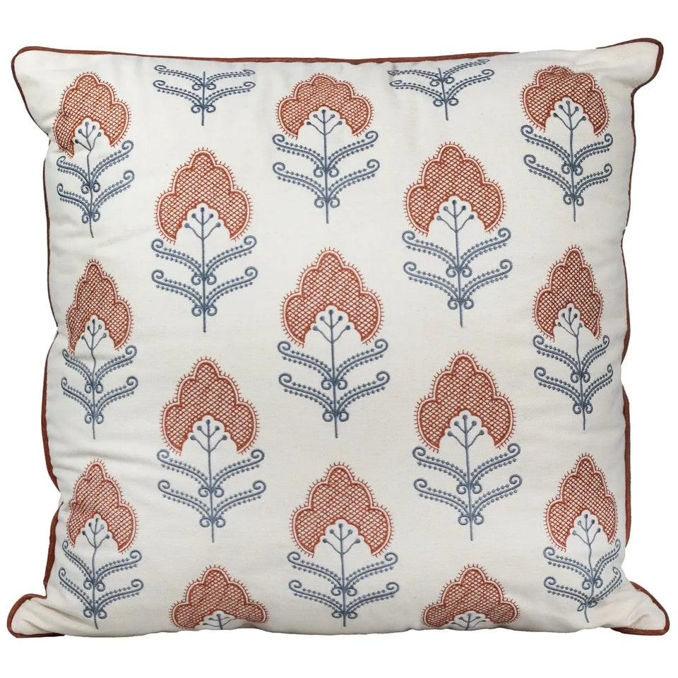 Almofada Sarja Cru 52x52 Bordado Terracota Fino Indiano Rajah