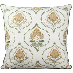 Almofada Sarja Cru 52x52 Bordado Verde Fino Indiano Shanti