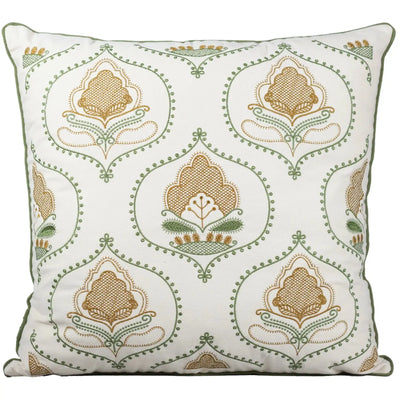 Almofada Sarja Cru 52x52 Bordado Verde Fino Indiano Shanti