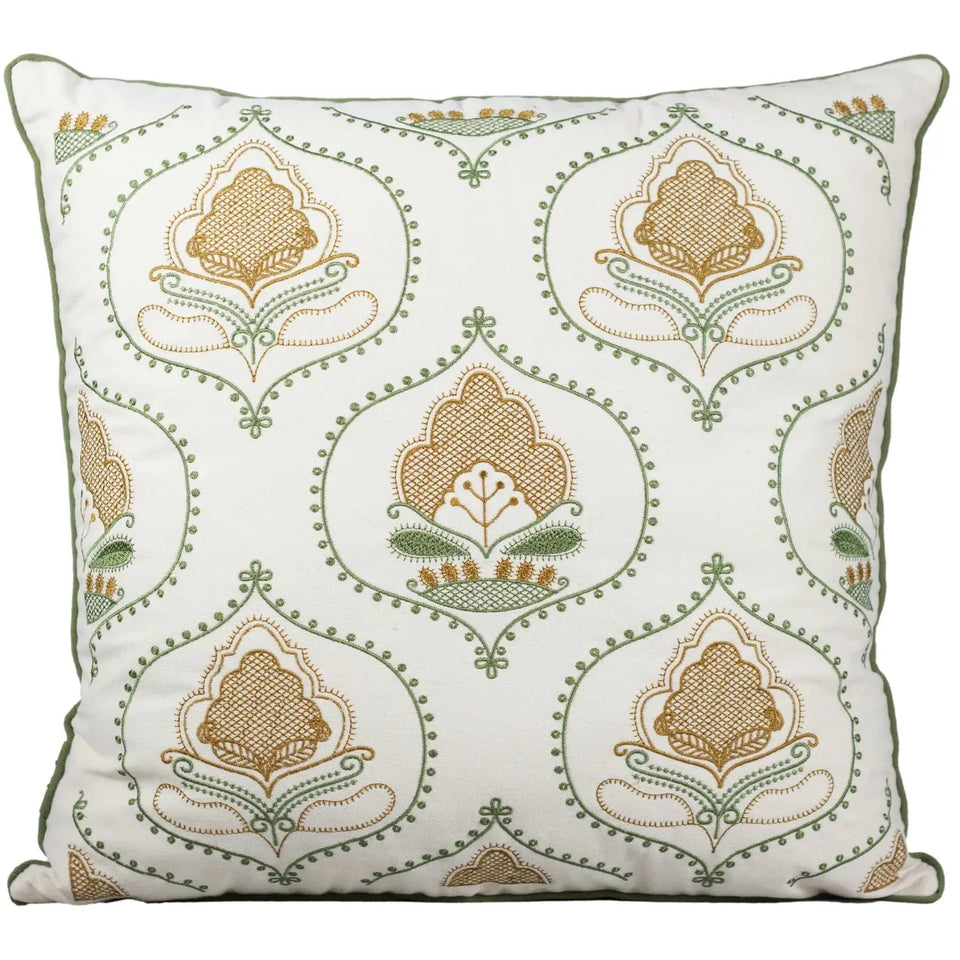 Almofada Sarja Cru 52x52 Bordado Verde Fino Indiano Shanti