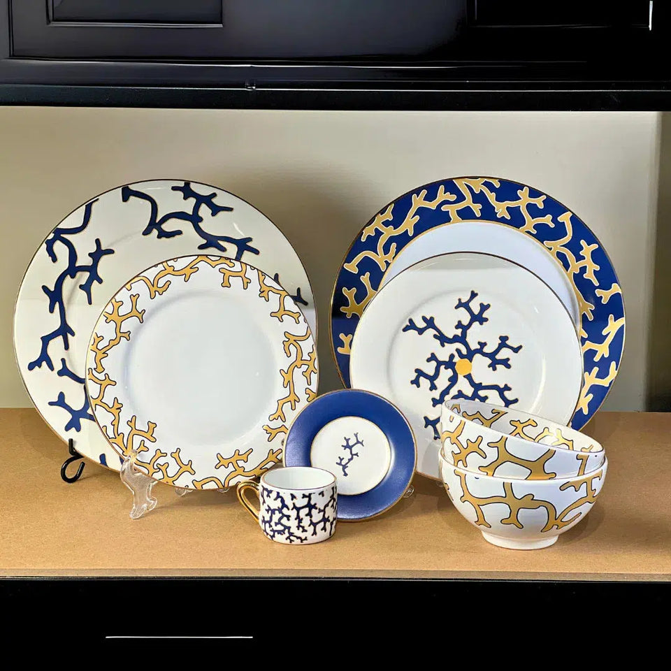 Aparelho de Jantar Cerâmica Coral Blue Gold 30 Peças Branco com Azul e Azul com Amarelo Scalla