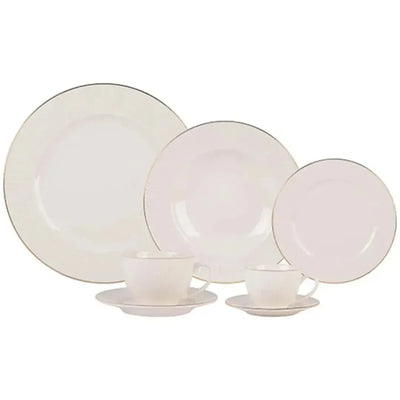 Aparelho de Jantar Lavish 42Pçs New Bone China Branco com Relevo e Filado Dourado L'Hermitage