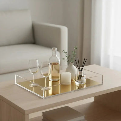 Bandeja Decorativa Retangular Acrílico Transparente / Dourada 55x35cm Tuut