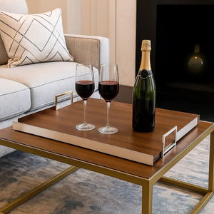 Bandeja Fundo Madeira e Alças de Prata Shefield Plate 50x35cm