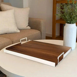 Bandeja Fundo Madeira e Alças de Prata Shefield Plate 50x35cm