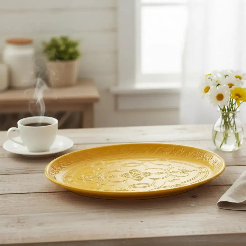 Bandeja Oval Madeira Arabesco Amarela 28x20cm Tuut