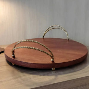 Bandeja Redonda Madeira com Alças Corda Metal Object Bahali 40,5cm