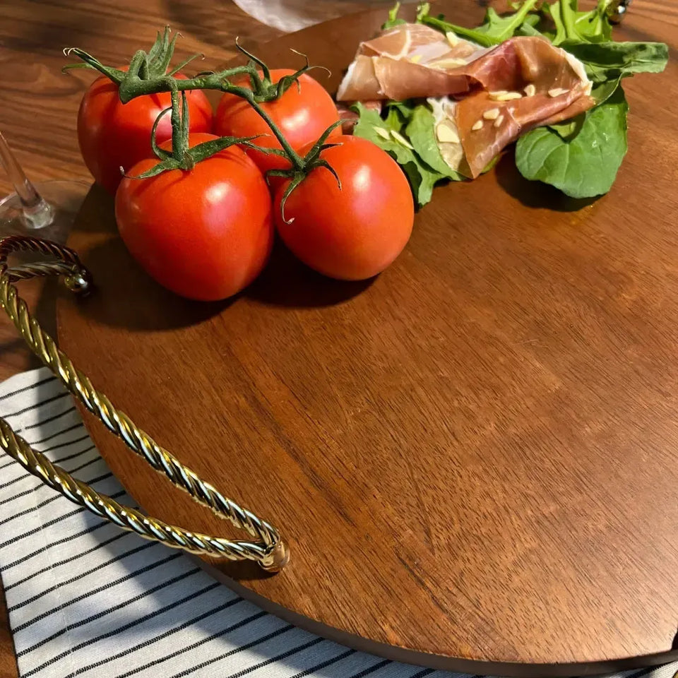 Bandeja Redonda Madeira com Alças Corda Metal Object Bahali 40,5cm