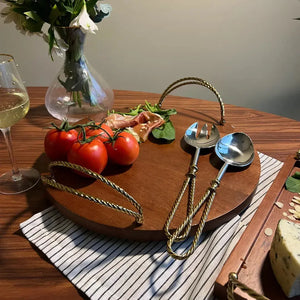 Bandeja Redonda Madeira com Alças Corda Metal Object Bahali 40,5cm